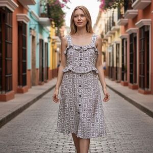 Ann Taylor Geometric Midi Sundress Ivory Blue Square Neck Strappy Button 14